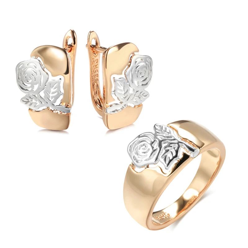 Silver Rose Flower Earrings Ring Sets for Women 585 Gold Jewelry Sets