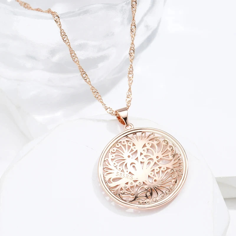 Round Flower Shape Pendant Necklace for Women Unusual Metal Flower 585 Rose Gold Color Big Pendant Fine Daily Jewelry