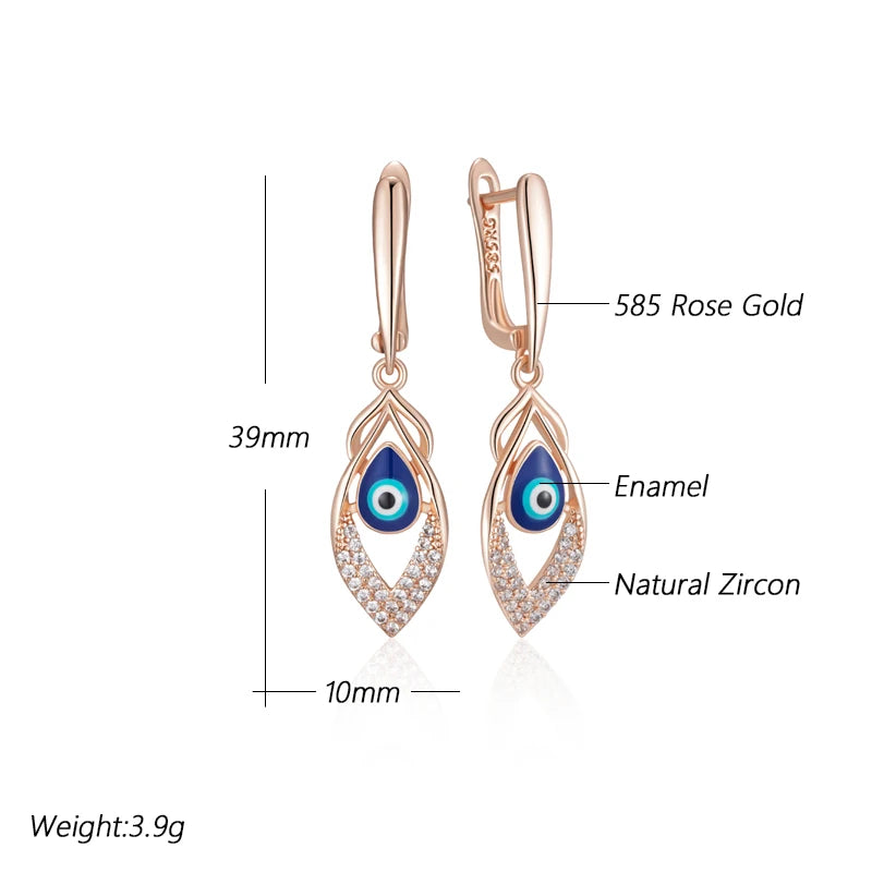 Blue Enamel Drop 585 Rose Gold Earrings for Women Girl Wedding Party Natural Zircon Eardrop Jewelry