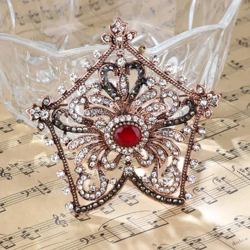 Hollow Brooches for Women Turkish Acessorios Antique Gold Crystal Women Day Pentagram Vintage Jewellery New Arrival