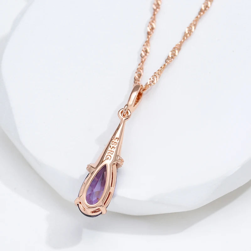 Water Drop Purple Pendant Fashion 585 Rose Gold Color Necklace for Women Natural Zircon Fine Daily Wear Jewelry Gift