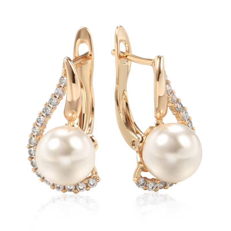 Luxury 585 Rose Gold Color English Earrings for Women Unique Geometric Pearl Earrings Bridal Wedding Jewelry