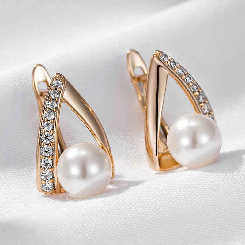 Pearl Luxury 585 Rose Gold Color English Earrings for Women Unique Geometric Earrings Bridal Wedding Jewelry