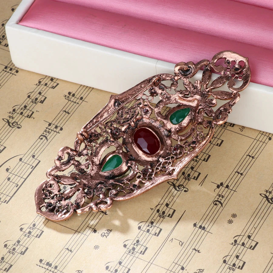 Big Size Women Brooch Ellipse Hollow Flower Cap Badge Hairpin Belt Pin Antique Gold Color Rhinestone Turkish Resin Jewelry