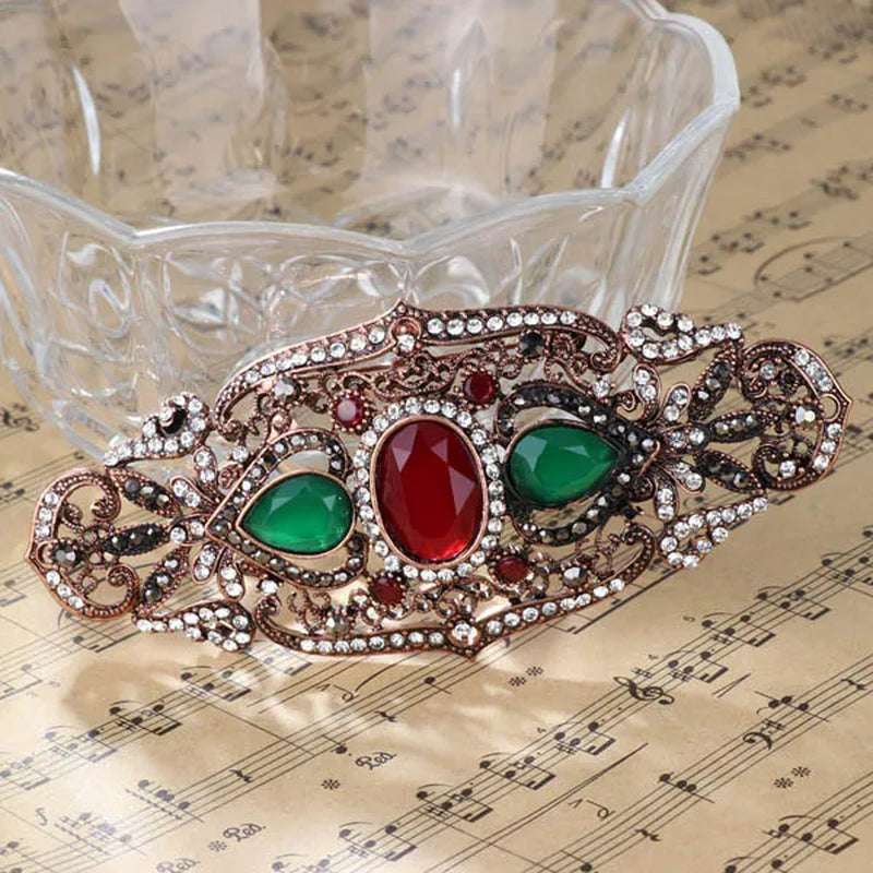 Big Size Women Brooch Ellipse Hollow Flower Cap Badge Hairpin Belt Pin Antique Gold Color Rhinestone Turkish Resin Jewelry