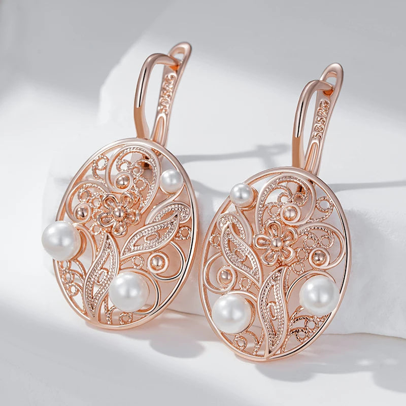 Pearl Dangle Earrings for Women Trend Glossy Metal Flower Accessories Vintage Daily Fine Jewelry