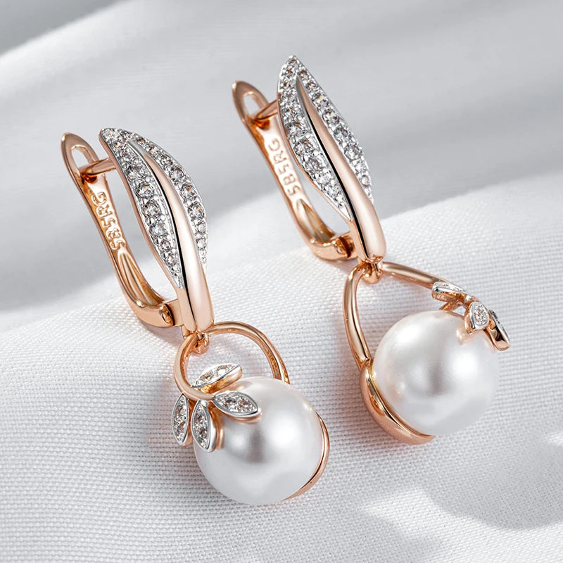 Fashion Crystal Flower Pearl Drop Earrings for Women 585 Rose Gold Silver Color Mix Boho Ethnic Wedding Jewelry Gift