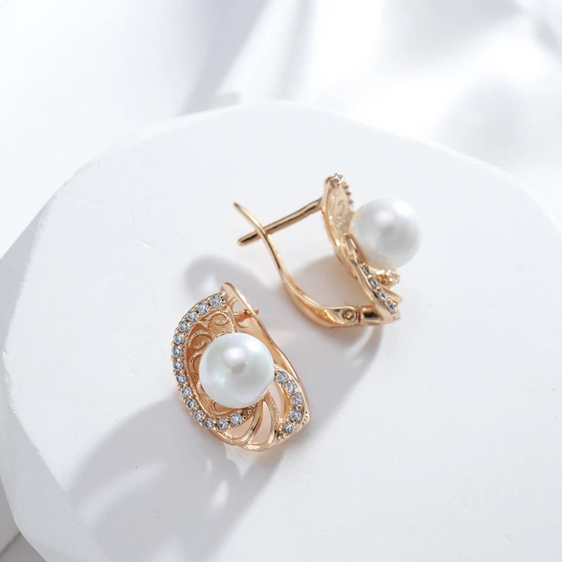 New round Pearl Dangle Earrings for Women 585 Rose Gold Color Flower Ethnic Bride Earrings Lovely Fashion Daily Jewelry
