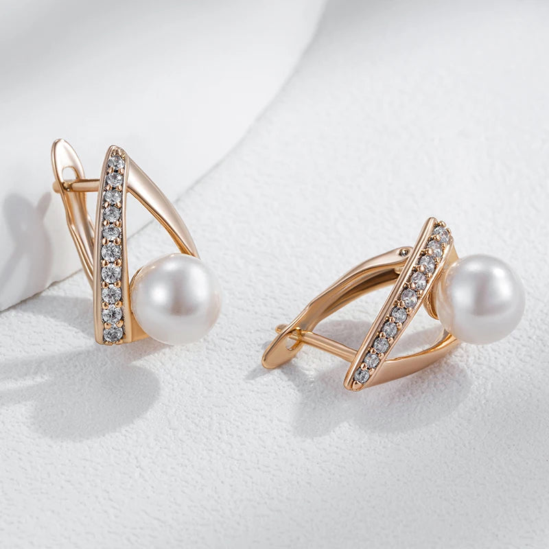 Pearl Luxury 585 Rose Gold Color English Earrings for Women Unique Geometric Earrings Bridal Wedding Jewelry