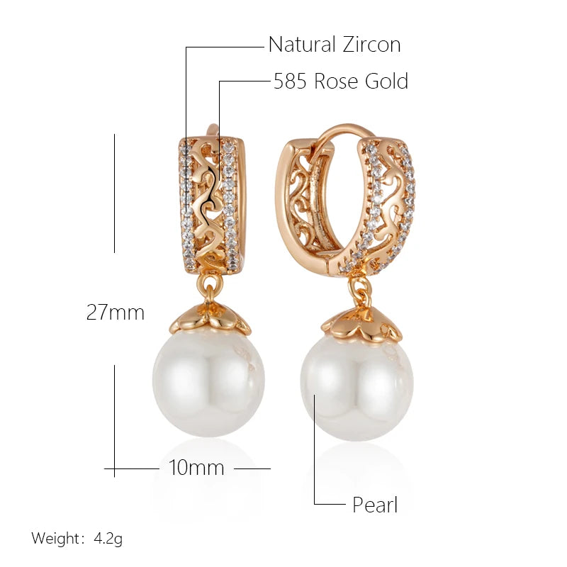 Luxury 585 Rose Gold Color Pearl Drop Earrings for Women Unique Hollow Pattern Natural Zircon Bridal Wedding Fine Jewelry