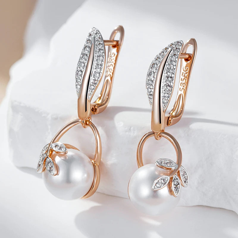 Fashion Crystal Flower Pearl Drop Earrings for Women 585 Rose Gold Silver Color Mix Boho Ethnic Wedding Jewelry Gift