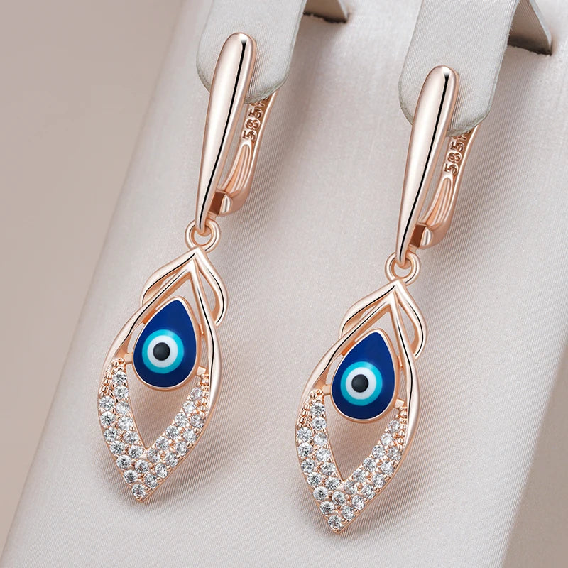 Blue Enamel Drop 585 Rose Gold Earrings for Women Girl Wedding Party Natural Zircon Eardrop Jewelry