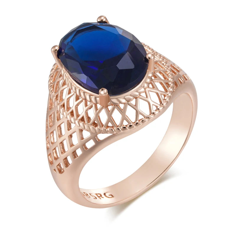 Oval Blue Natural Zircon Daily Ring for Women Trend 585 Rose Gold Color High Quality Ethnic Bridal Jewelry
