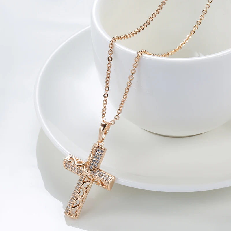 Exquisite Cross Necklaces 585 Rose Gold Micro Wax Inlay Natural Zircon Hollow Flower Necklaces for Women Vintage Jewelry