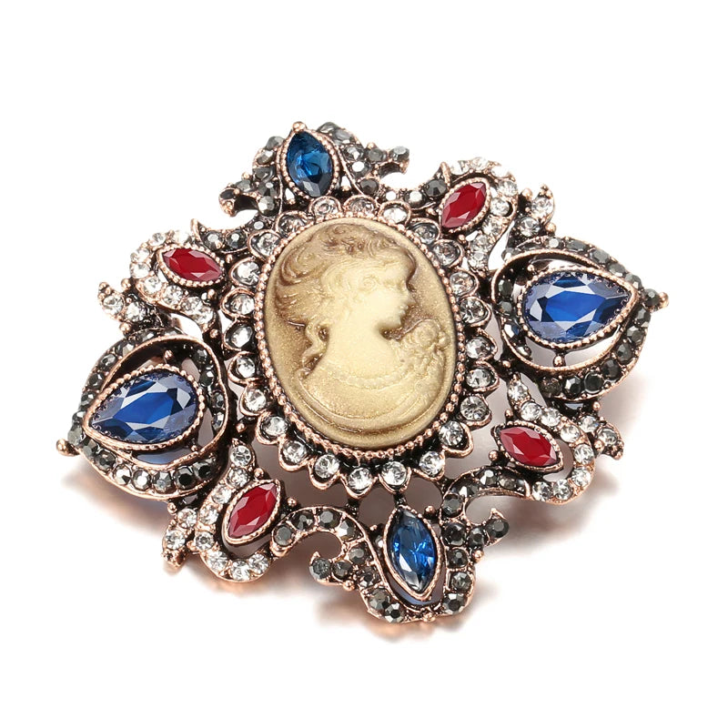 Oval Lady Blue Stone Brooch for Women Vintage Hollow Flower Brooch Antique Gold Party Fashion Apparel Jewelry Accessories