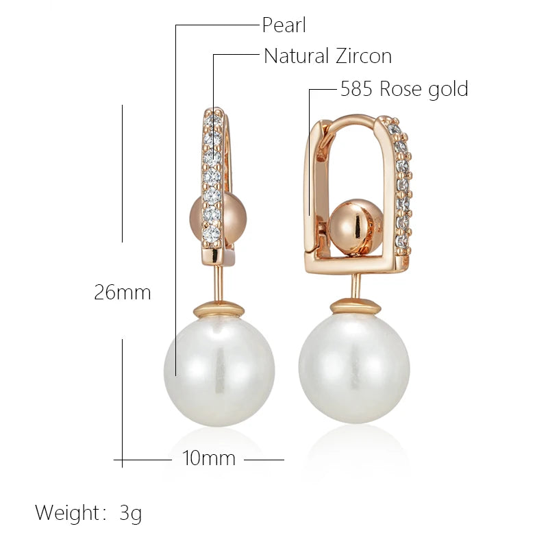 Hot 585 Rose Gold Color Pearl Drop Earrings for Women Unique Geometric Natural Zircon Accessories Daily Jewelry Gift
