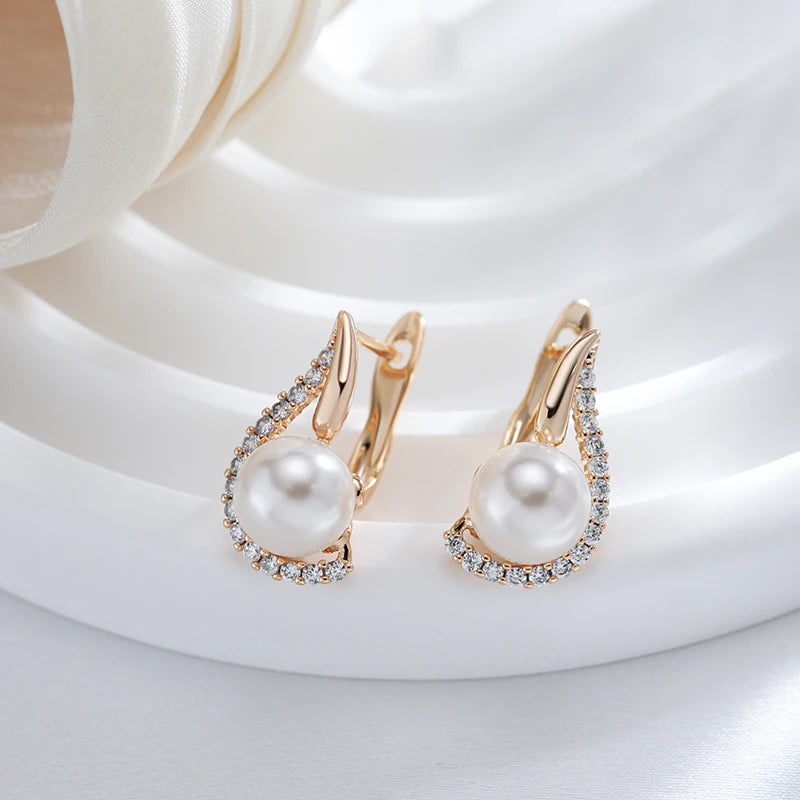 Luxury 585 Rose Gold Color English Earrings for Women Unique Geometric Pearl Earrings Bridal Wedding Jewelry