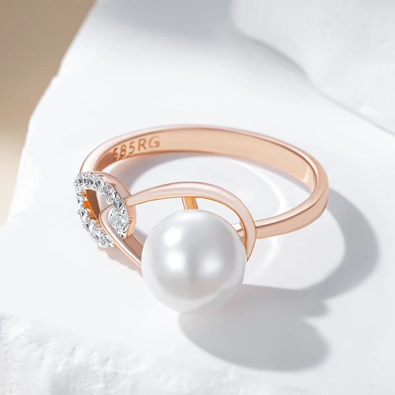 Luxury 585 Rose Gold Silver Color Mix Ring for Women Unique Geometric Pearl Natural Zircon Bridal Wedding Jewelry 2024 New