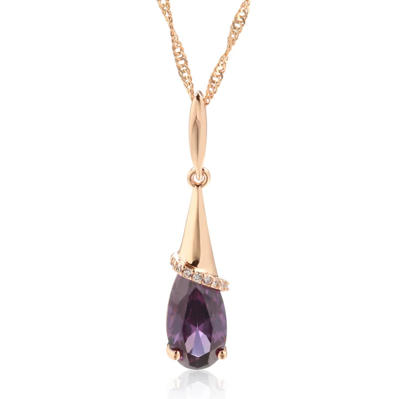 Water Drop Purple Pendant Fashion 585 Rose Gold Color Necklace for Women Natural Zircon Fine Daily Wear Jewelry Gift