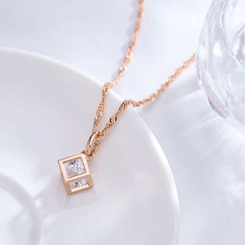 Rubix Square Pendant Necklace for Women 585 Rose Gold Color Natural Zircon Accessories Daily Fine Jewelry