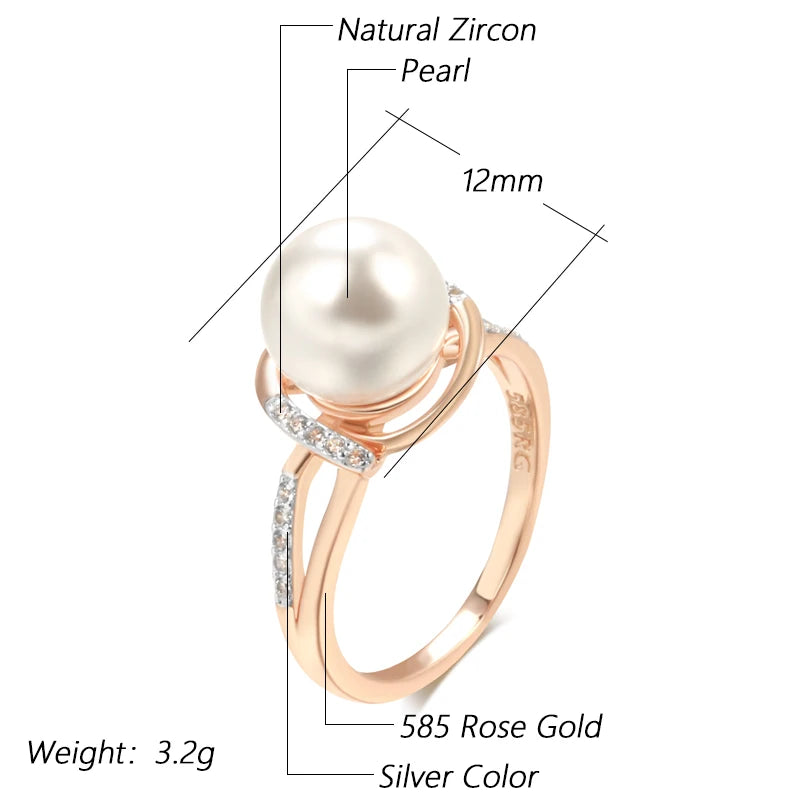 Geometry Pearl Ring for Women 585 Rose Gold Silver Color Mix Natural Zircon Boho Ethnic Wedding Jewelry
