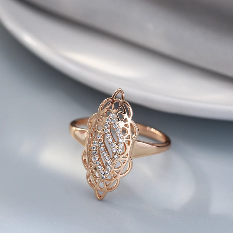 Elegant Vintage 585 Rose Gold Women Ring Natural Zircon Hollow Flower Ethnic Rings Trend Daily Vintage Jewelry