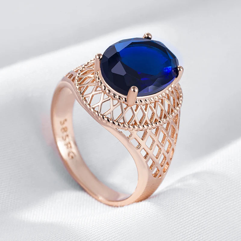 Oval Blue Natural Zircon Daily Ring for Women Trend 585 Rose Gold Color High Quality Ethnic Bridal Jewelry