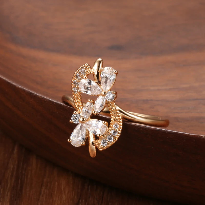 Luxury 585 Rose Gold Crystal Flower Earrings Ring Sets for Women Natural Zircon Bridal Wedding Vintage Jewelry Sets