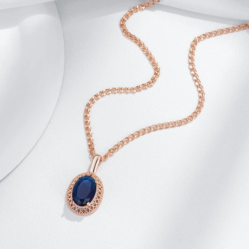 Kienl Hot Oval Blue Natural Zircon Pendant Necklace for Women Trend 585 Rose Gold Color Ethnic Bridal High Quality Daily Jewelry