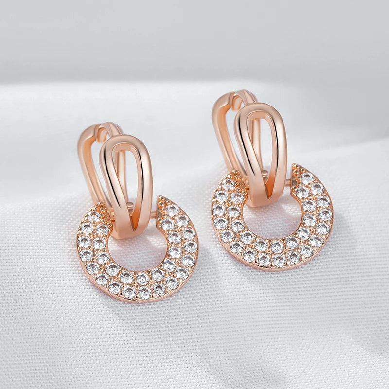 Luxury Full Shiny Natural Zircon Drop Earrings for Women Unique Design 585 Rose Gold Color Bride Wedding Jewelry Best Gift
