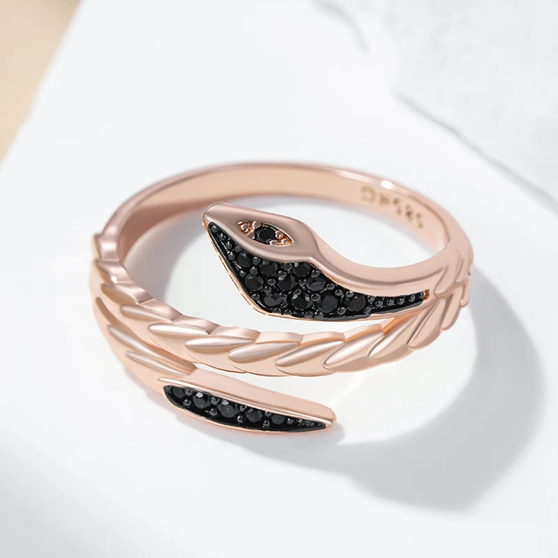 Hot Punk Black Natural Zircon Snake Ring for Women Fine 585 Rose Gold and Black Plating Vintage Daily Animal Jewelry