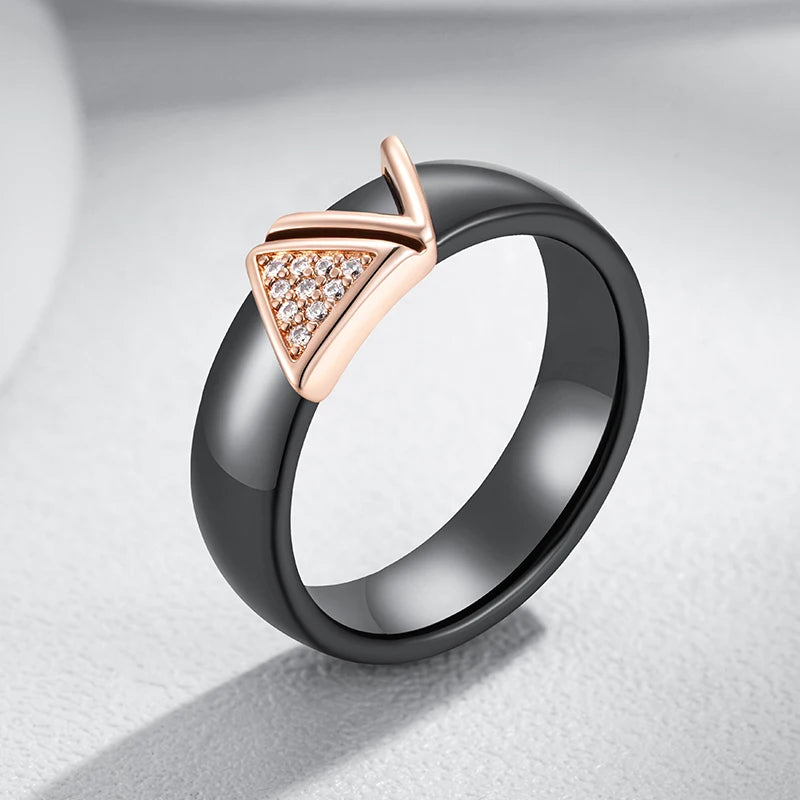 Hot 585 Rose Gold Color Black Ceramics Rings for Women Shiny Natural Zircon Accessories High Quality Daily Fine Jewelry