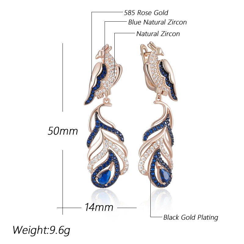 Hot Blue Natural Zircon Peacock Drop Earrings for Women 585 Rose Gold and Black Plating Vintage Animal Daily Punk Jewelry