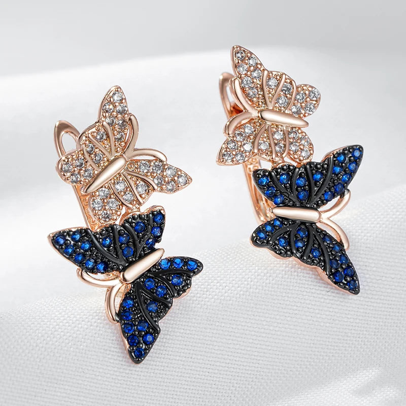 Hot Blue Natural Zircon Two Butterfly Drop Earrings for Women 585 Rose Gold and Black Plating Animal Daily Punk Jewelry