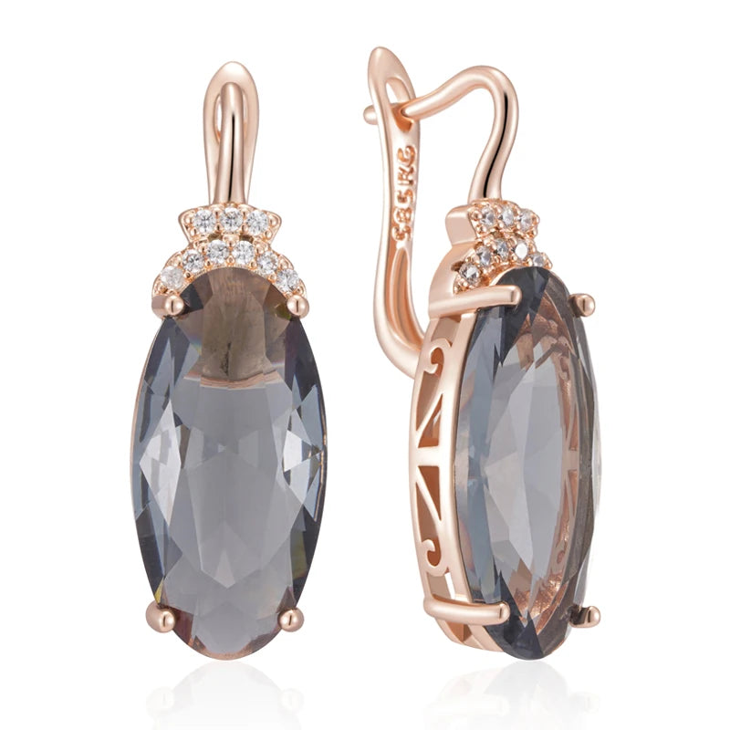 Grey Oval Drop Dangle Earrings for Women 585 Rose Gold Color with Natural Zircon High Quality Daily Fine Jewelry