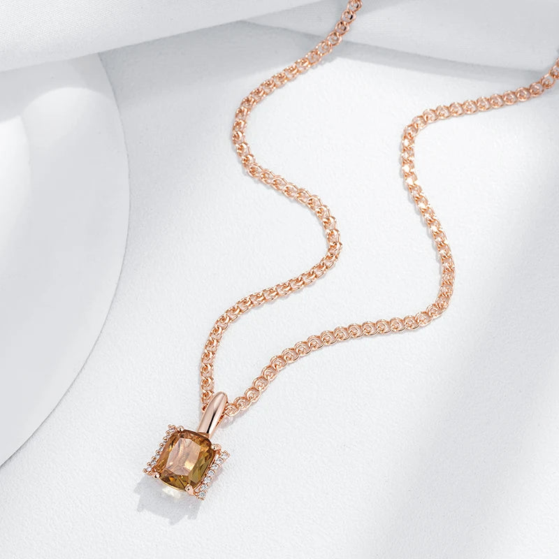 Hot Big Brown Natural Zircon Pendant Necklace for Women Fashion 585 Rose Gold Color High Quality Bride Wedding Jewelry