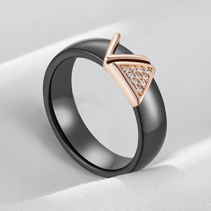 Hot 585 Rose Gold Color Black Ceramics Rings for Women Shiny Natural Zircon Accessories High Quality Daily Fine Jewelry