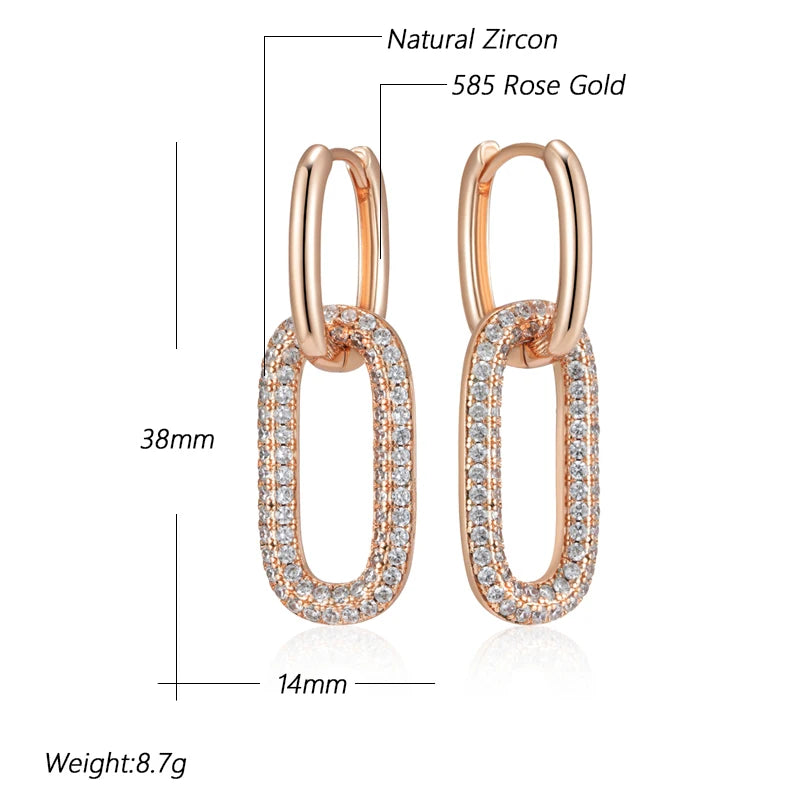 Geometric Oval Rectangle Full Natural Zircon Hoop Earrings for Women 585 Rose Gold Color Daily Fine Elegant Female Jewelry