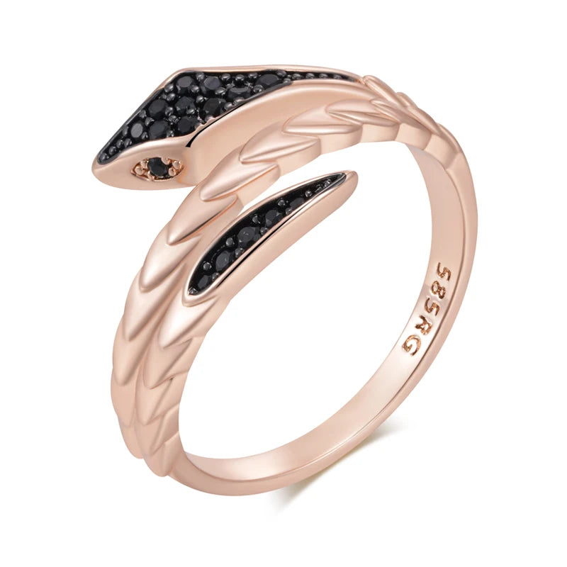 Hot Punk Black Natural Zircon Snake Ring for Women Fine 585 Rose Gold and Black Plating Vintage Daily Animal Jewelry