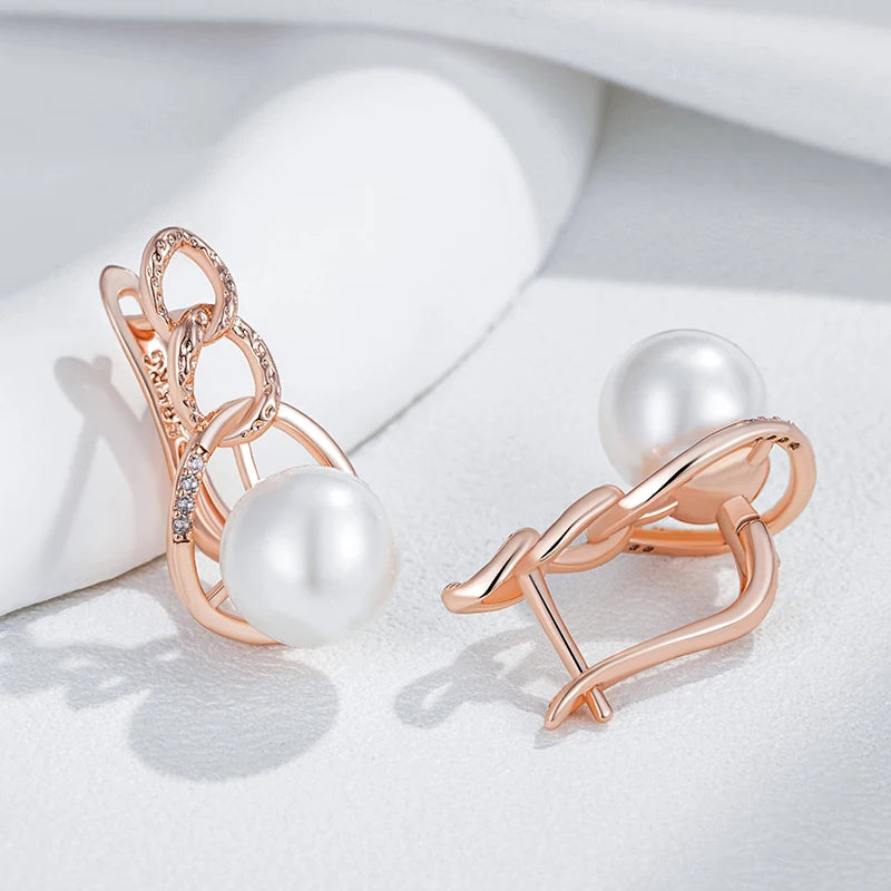 Pearl English Earrings for Women Luxury 585 Rose Gold Color with Natural Zircon Bridal Wedding Jewelry