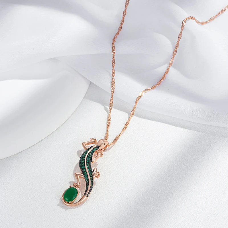 Hot Green Natural Zircon Lizard Pendant Necklace Women 585 Rose Gold and Black Plating Vintage Animal Daily Punk Jewelry
