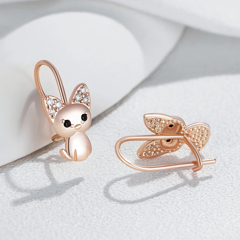 Little Cat Earrings for Girls 585 Rose Gold Color Natural Zircon Accessories Children Baby Xmas Gifts Animal Jewelry