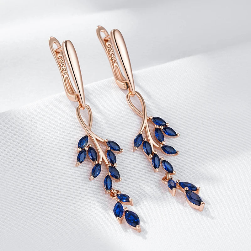 Blue Natural Zircon Leaf Shape Long Dangle Earrings for Women Fashion 585 Rose Gold Color High Quality Daily Jewelry