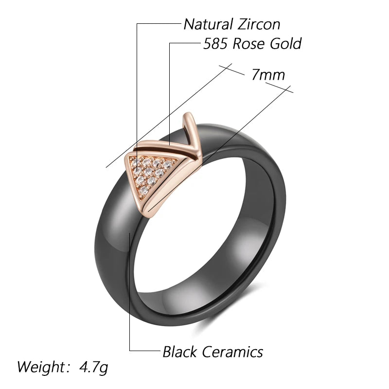 Hot 585 Rose Gold Color Black Ceramics Rings for Women Shiny Natural Zircon Accessories High Quality Daily Fine Jewelry