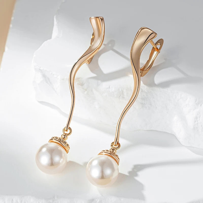 Long Wave Pearl Drop Earrings for Women Luxury 585 Rose Gold Color Accessories Party Daily Fine Jewelry