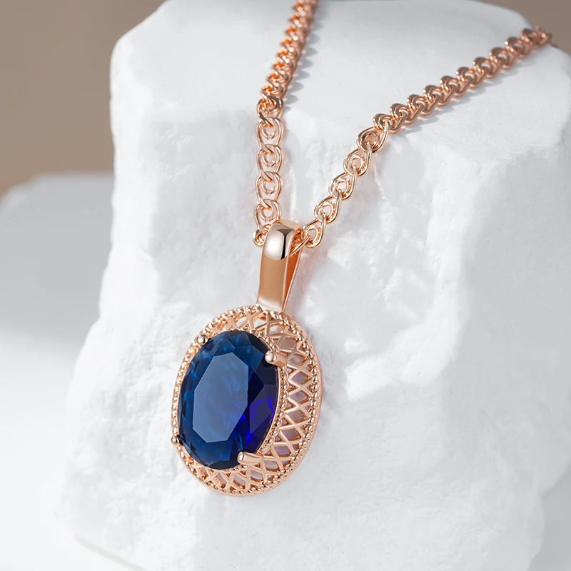 Kienl Hot Oval Blue Natural Zircon Pendant Necklace for Women Trend 585 Rose Gold Color Ethnic Bridal High Quality Daily Jewelry