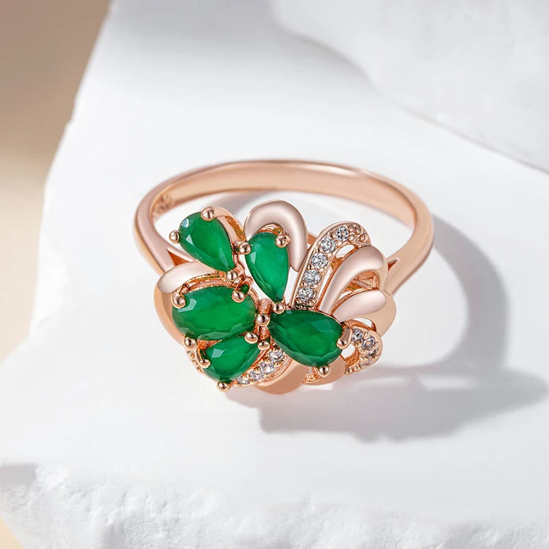 Unusual Full Sparkling Green Natural Zircon Ring for Women Luxury 585 Rose Gold Color High Quality Daily Fine Jewelry