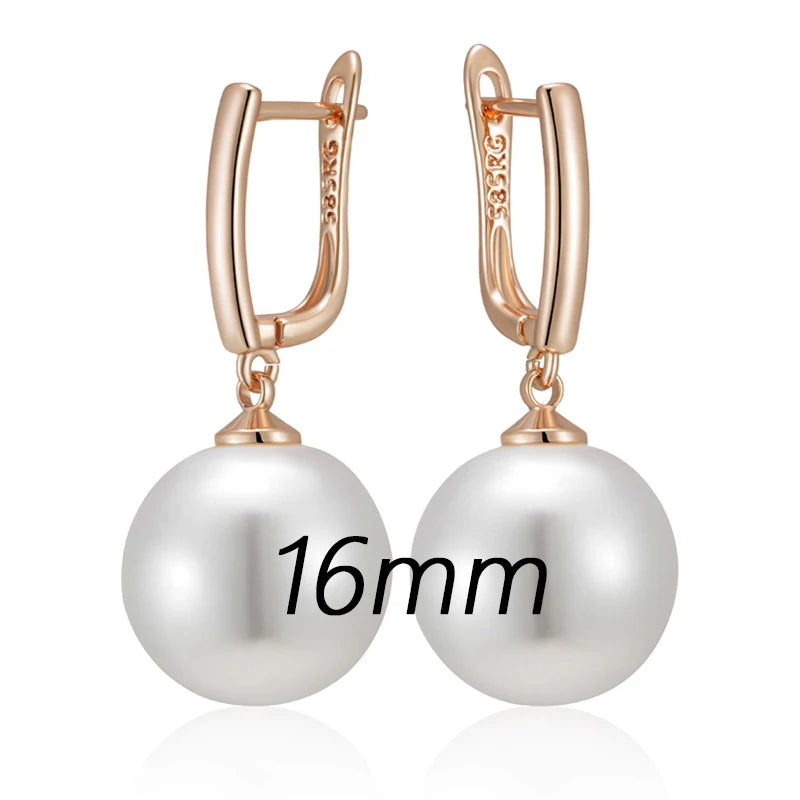 Simple 10Mm 12Mm 16Mm Pearl Drop Earrings for Women Luxury 585 Rose Gold Color Bridal Daily Earrings Wedding Jewelry