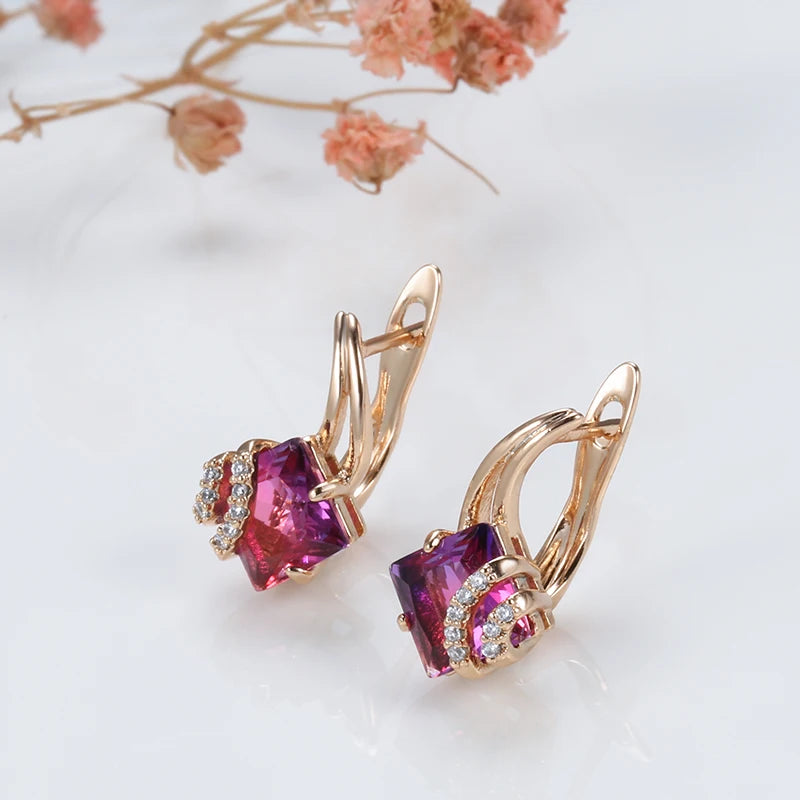 Square Red Natural Zircon Ring Earrings Sets 585 Rose Gold Dangle Earrings for Women Fashion Wedding Jewelry Sets