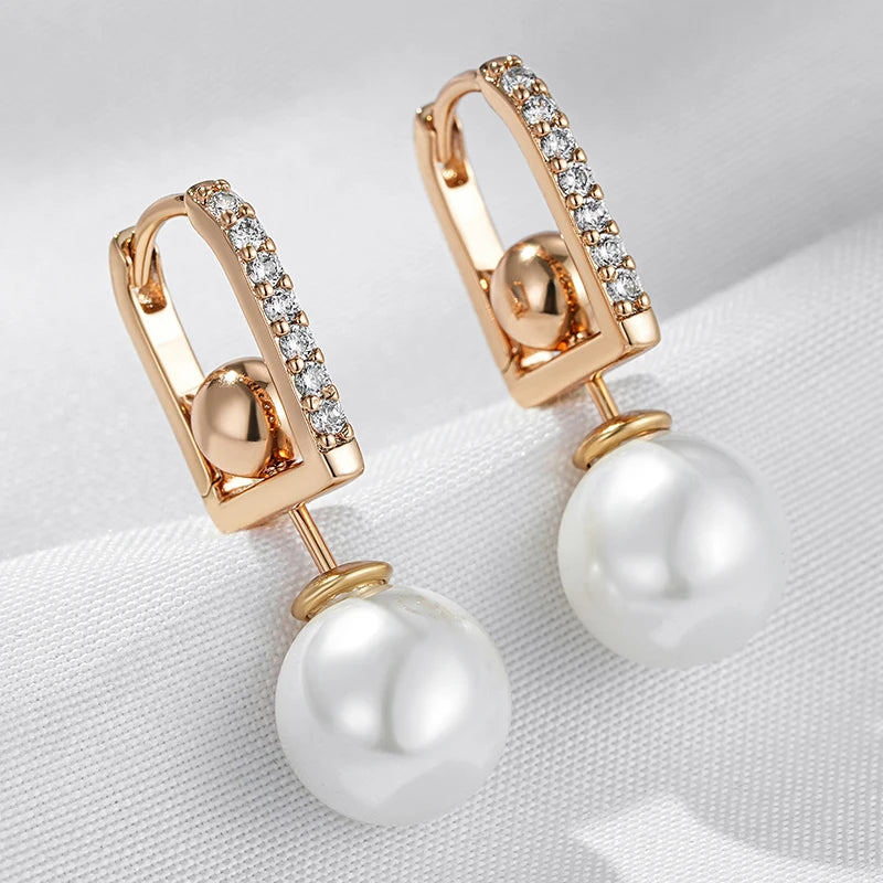 Hot 585 Rose Gold Color Pearl Drop Earrings for Women Unique Geometric Natural Zircon Accessories Daily Jewelry Gift